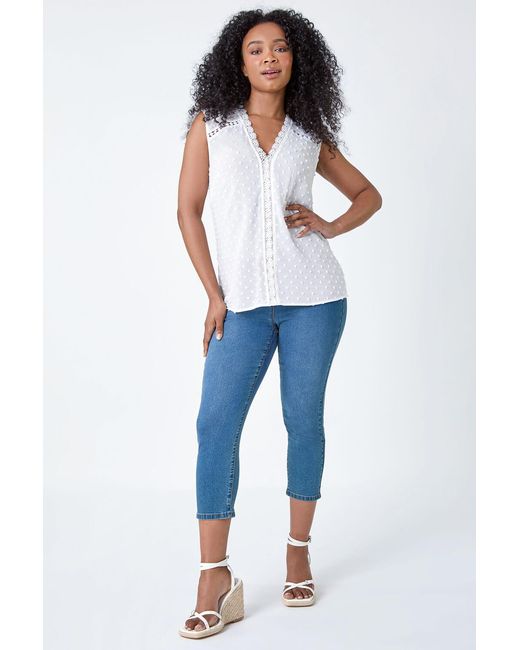 Roman Petite White Spot Print Lace Tunic Top