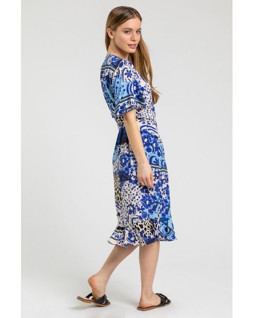 Roman Petite Blue Floral Contrast Print Wrap Dress
