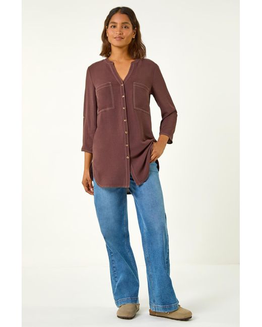 Roman Red V-Neck Longline Button Detail Blouse