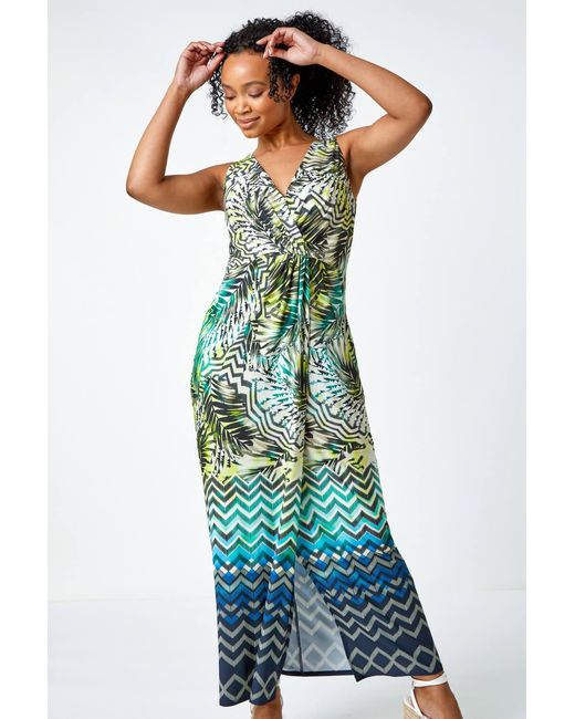Roman Petite Green Abstract Print Ruched Wrap Maxi Dress