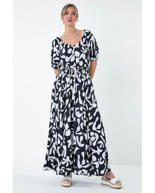D.u.s.k Blue Shirred Waist Abstract Print Maxi Dress