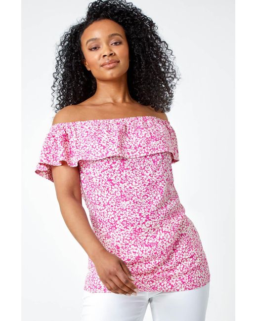 Roman Petite Pink Ditsy Print Bardot Top