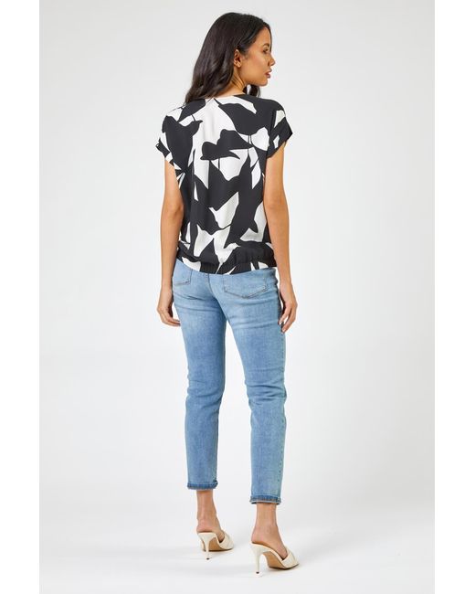 Roman Black Contrast Floral Print Twist Detail Top