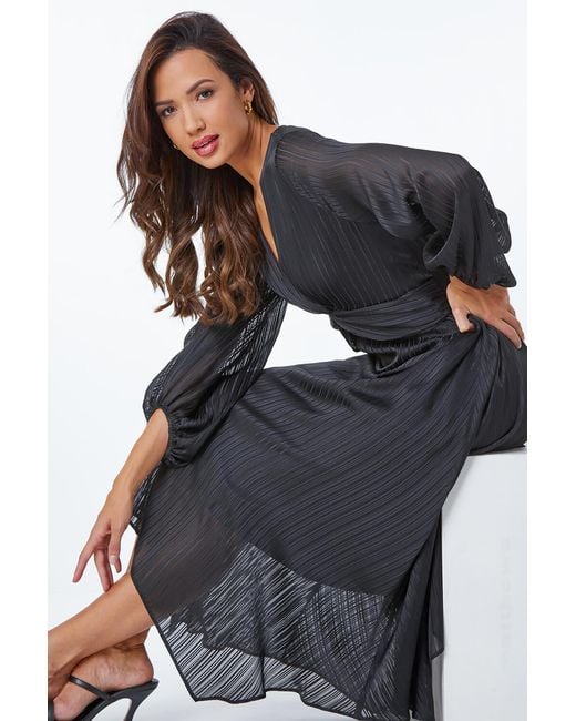Roman Black Metallic Stripe Chiffon Twist Front Midi Dress