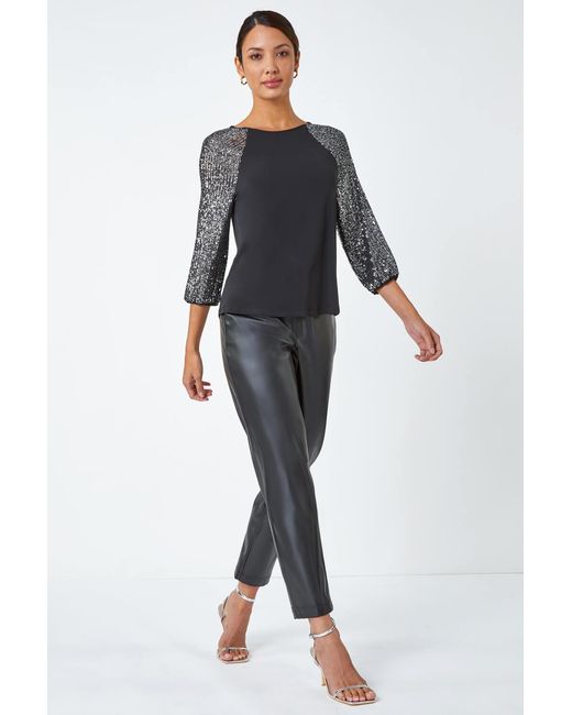Roman Black Sequin Sleeve Stretch Jersey Top