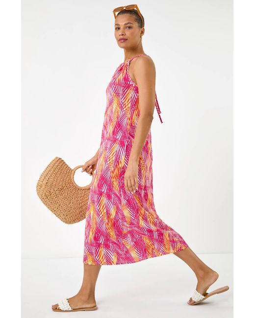 Roman Pink Gathered Palm Print Swing Stretch Dress