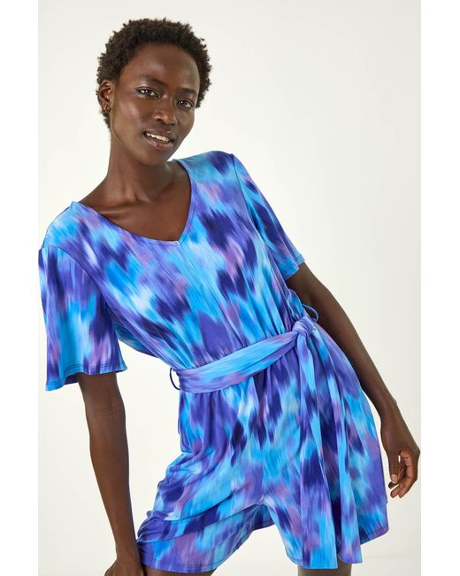 Roman Blue Abstract Print Belted Playsuit