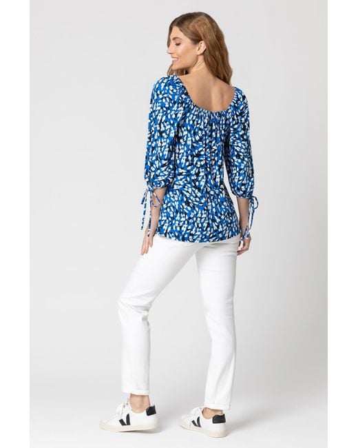 Roman Blue Abstract Spot Print Square Neck Top