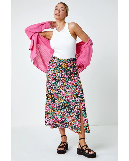 D.u.s.k Black Floral Button Detail Midi Elastic Waist Skirt