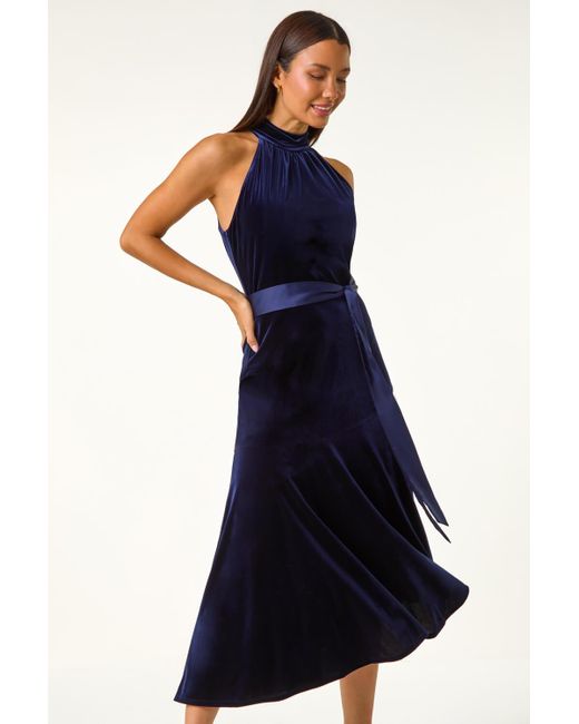 Roman Blue Velvet Halter Neck Ruffle Hem Midi Dress