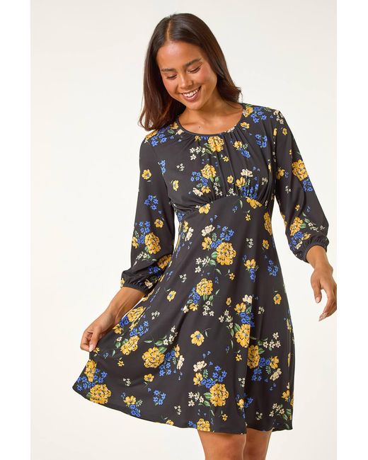 Roman Petite Black Floral Print Gathered Waist Dress