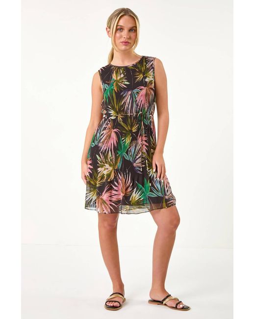 Roman Petite Black Tropical Tie Detail Pleated Dress