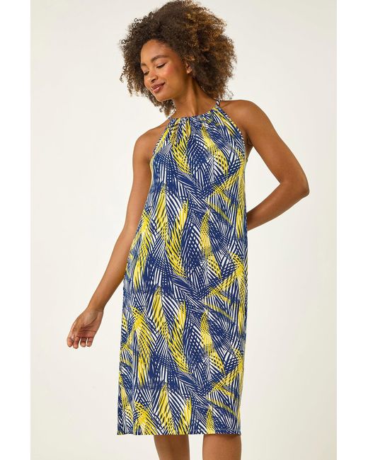 Roman Blue Gathered Palm Print Swing Stretch Dress