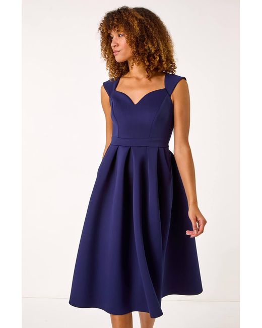 Roman Blue Sweetheart Neck Premium Stretch Skater Dress