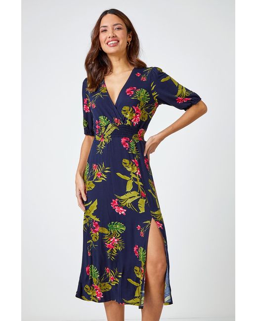 Roman Blue Tropical Print Stretch Wrap Midi Dress