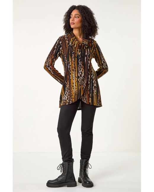 Roman Black Animal Print Cowl Neck Tunic Top
