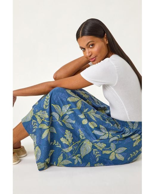 Roman Blue Leaf Print A-Line Skirt