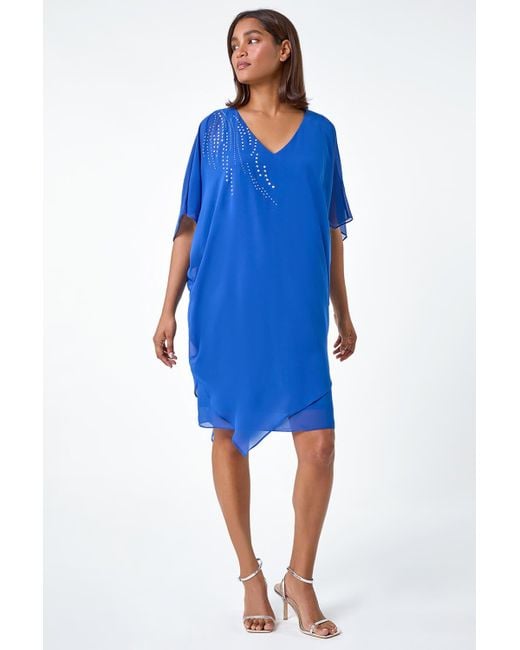 Roman Blue Embellished Cold Shoulder Overlay Dress