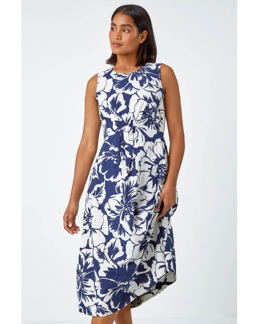 Roman Blue Sleeveless Cotton Blend Floral Midi Dress