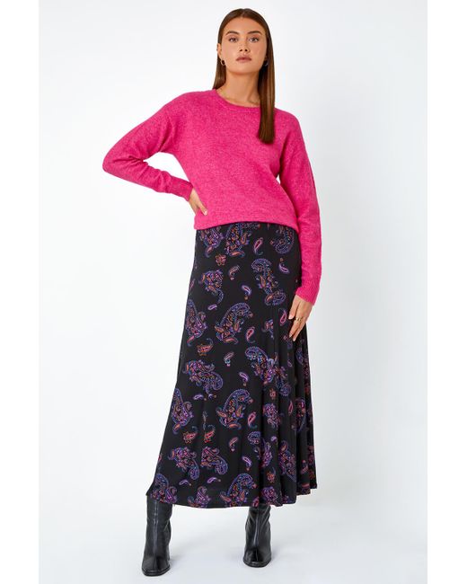 Roman Pink Paisley Print Stretch Midi Skirt