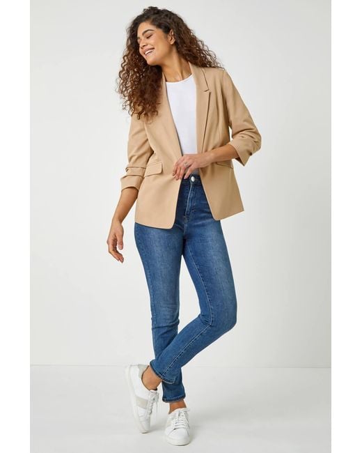 Roman Blue Ruched 3/4 Sleeve Stretch Blazer