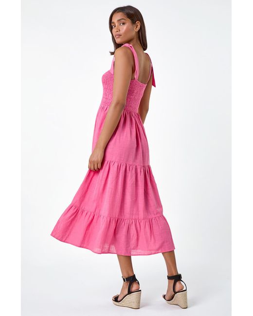 Roman Pink Shirred Tie Cotton Tiered Midi Dress