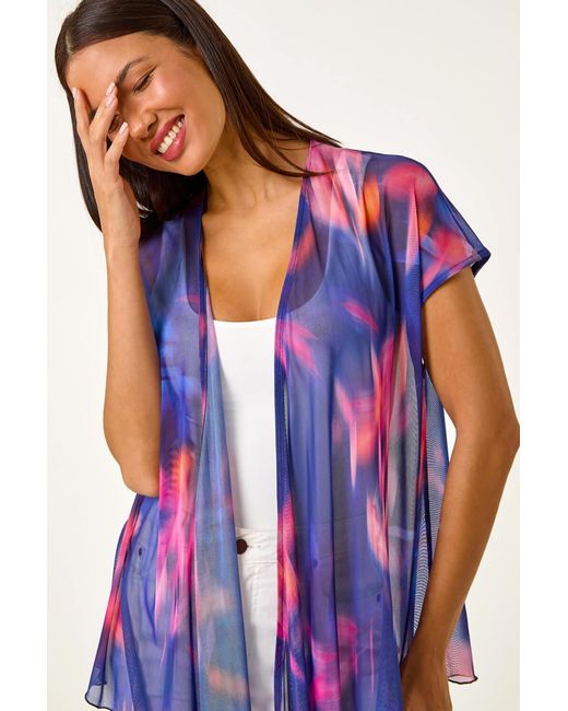 Roman Blue Abstract Print Stretch Mesh Cardigan