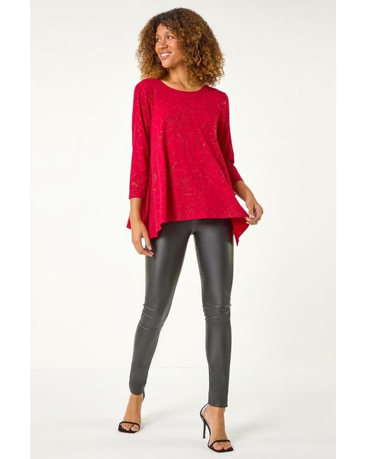 Roman Red Glitter Rose Asymmetric Hem Top