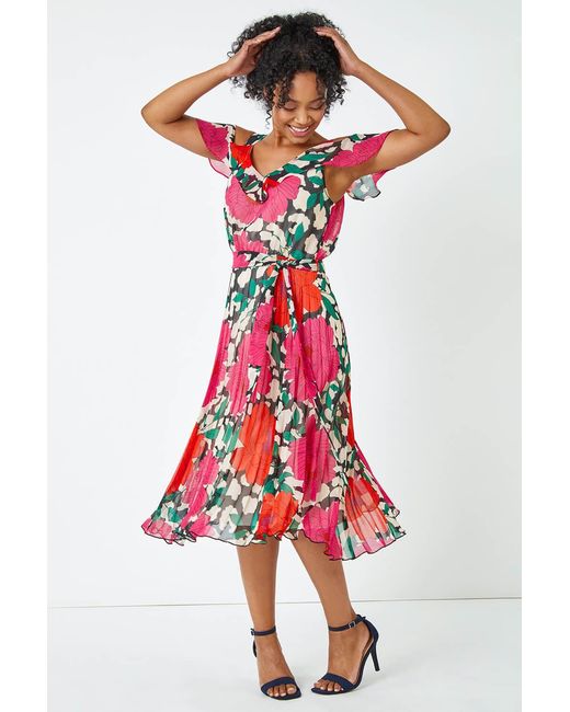 Roman Petite White Floral Cold Shoulder Chiffon Midi Dress