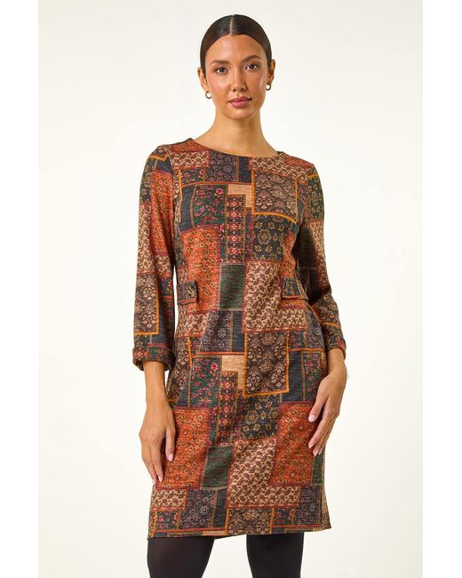 Roman Orange Patchwork Print Shift Stretch Dress