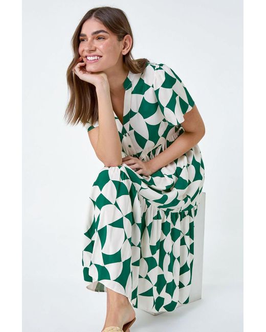 Roman Green Geometric Print Tiered Midi Dress