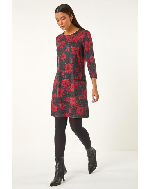 Roman Red Floral Print Pocket Shift Stretch Dress