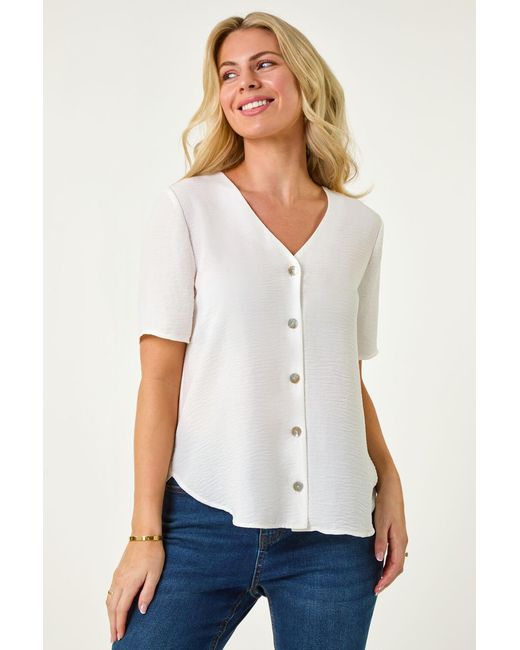 Roman Petite White V-Neck Button Through Blouse