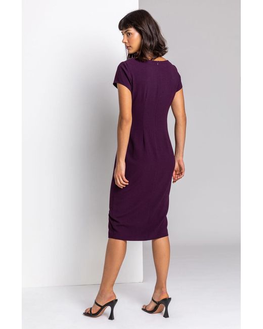 Roman Purple Embellished Twist Waist Stretch Ruched Dress