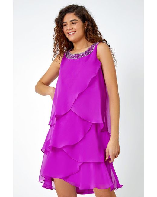 Roman Purple Bead Embellished Tiered Chiffon Dress