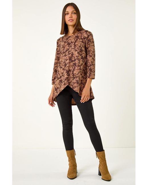 Roman Brown Stretch Floral Print Wrap Tunic