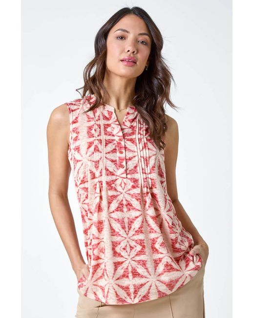 Roman Red Sleeveless Aztec Print Pintuck Shirt