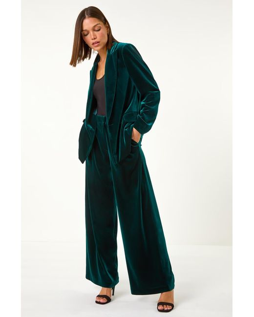 Roman Green Velvet Wide Leg Pocket Stretch Trouser