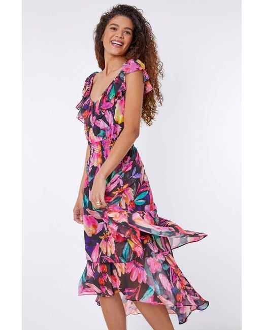 Roman Black Floral Shirred Waist Chiffon Ruffle Midi Dress