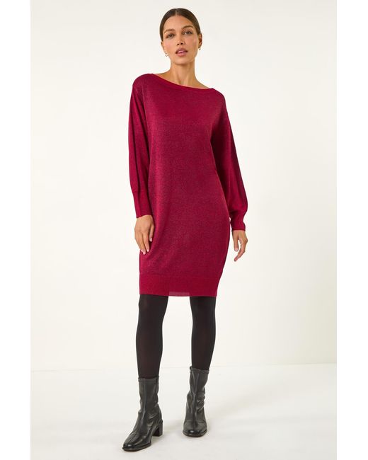 Roman Red Metallic Slash Neck Sweater Dress