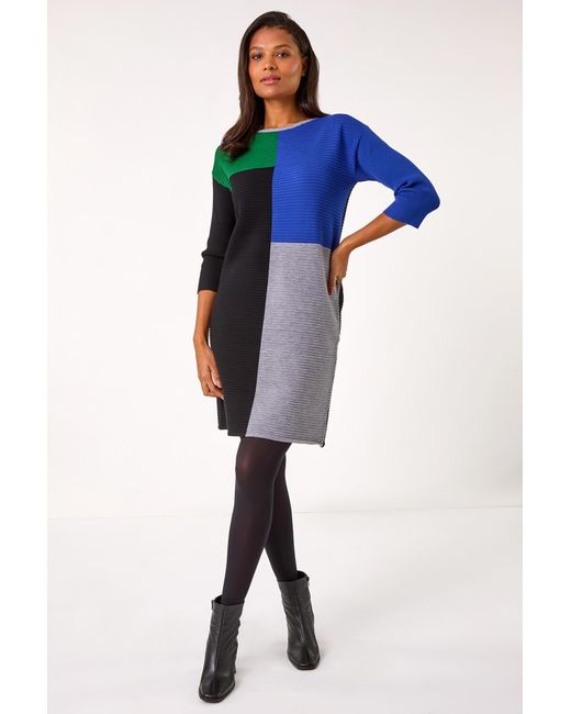 Roman Blue Colour Block Ribbed Knit Dress