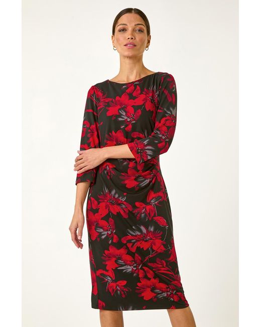 Roman Red Leaf Print Side Pleat Stretch Dress