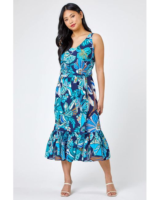 Roman Petite Blue Floral Print Tiered Dress