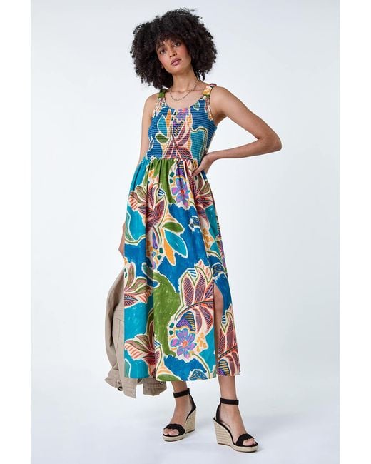 Roman Blue Tropical Leaf Shirred Bodice Midi Dress