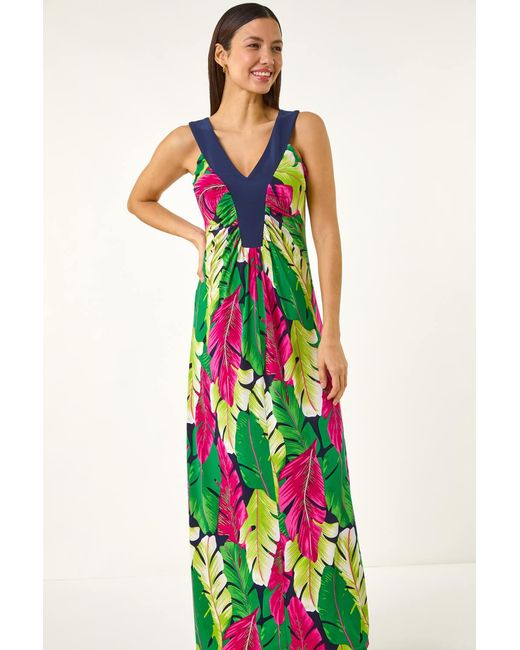 Roman White Leaf Print Contrast Band Maxi Dress