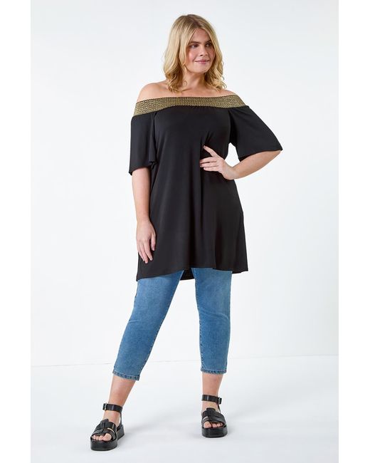 Roman Curve Black Shimmer Stretch Shirred Bardot Top
