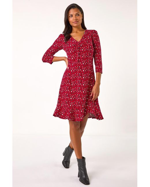 Roman Red Animal Print V-Neck Ruched Stretch Dress