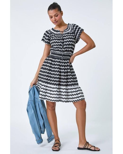 Roman Blue Zig Zag Border Print Shirred Dress