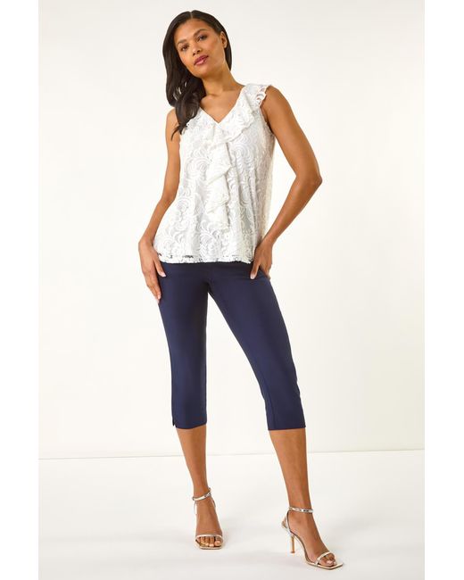 Roman White Lace V-Neck Ruffle Front Top