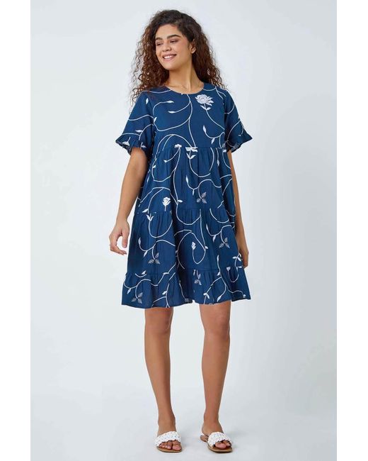 Roman Blue Cotton Embroidered Tiered Smock Dress